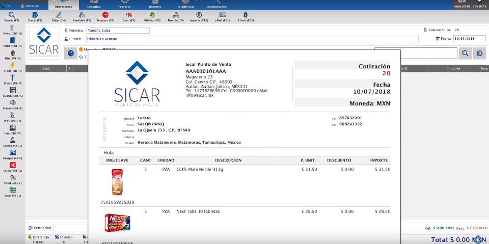 screenshot of SICAR Punto de Venta